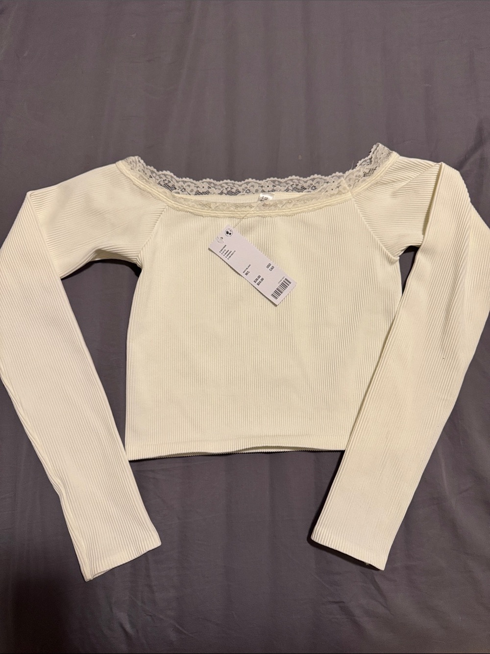 Urban Outfitters Cream Ribbed Lace-Trim Long Sleeve Top